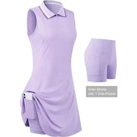 Women’s Sleeveless Tennis Golf Polo Dress with Separate Inner Shorts Pocket for Workout Exercise