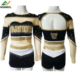 Neuankömmling Gold Strass Cheerleading Uniform Mesh Tops und Rock für Mädchen