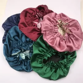 High Quality Elastic Band Polyester Big Size hair bonnet satin custom logo designer women wholesale shower waterproof bonnets