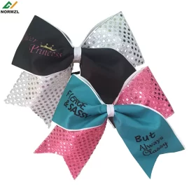 Normzl custom high quality sublimated print cheerleading hair bows OEM design rhinestone glitter cheer bows